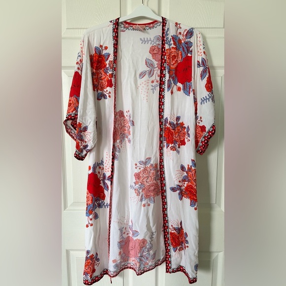 Flying Tomato Red/White Floral Patterned Duster Kimono Size S/M - Picture 1 of 6